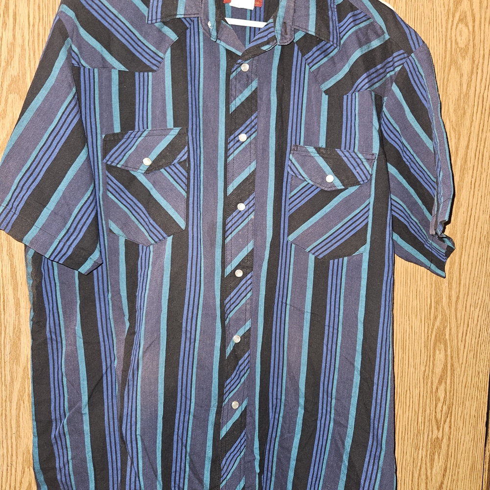 Vintage Rustler Blue and Black Striped Pearl snap Button-Down Shirt